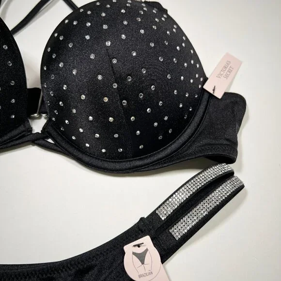 Victoria Secret 38C L Bombshell Push Up Bikini Top Set Glam Shine Strap Black